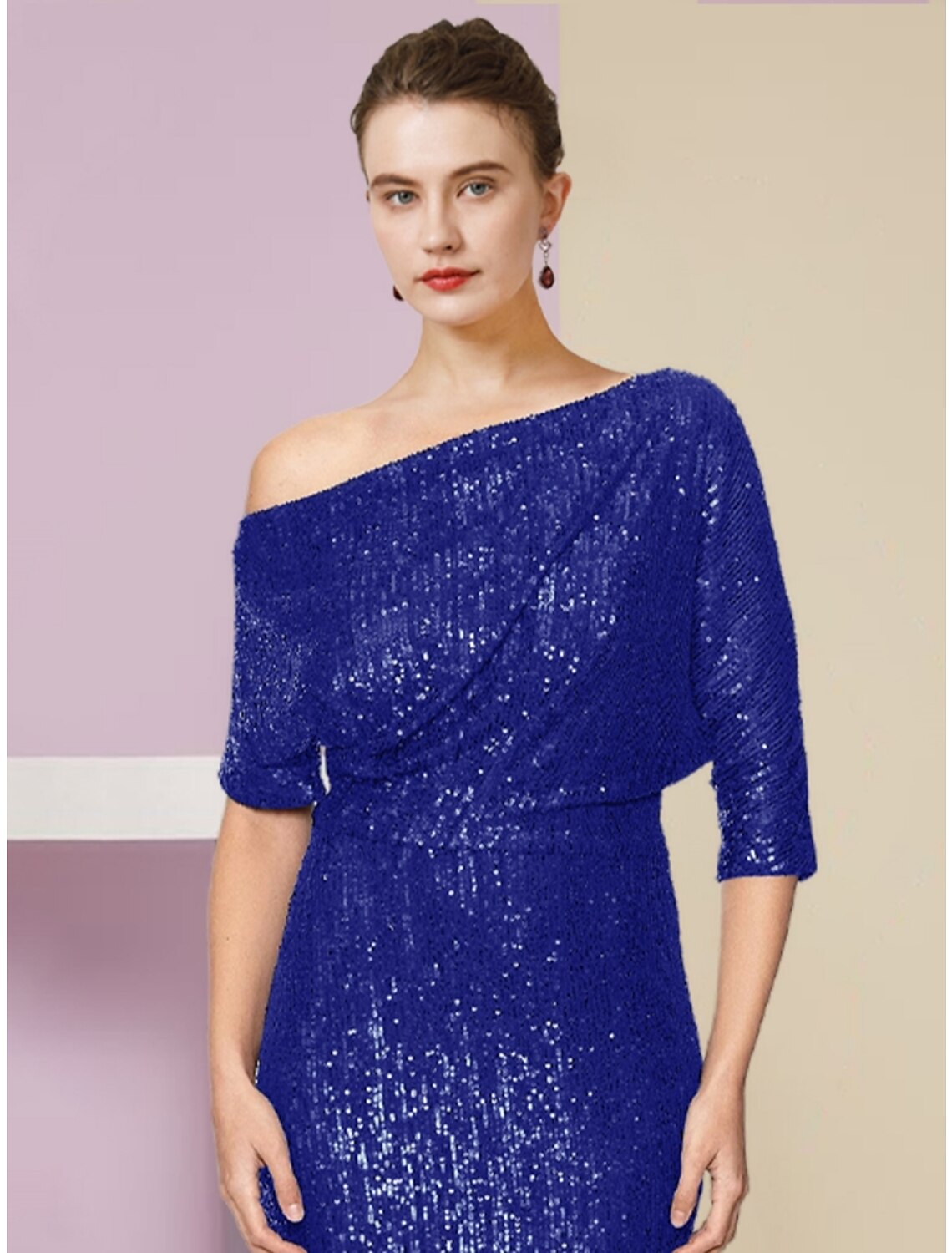 Sheath / Column Mother of the Bride Dress Wedding Guest Sparkle & Shine Elegant Off Shoulder Sweep / Brush Train Sequined Half Sleeve with Sequin Ruching Solid Color