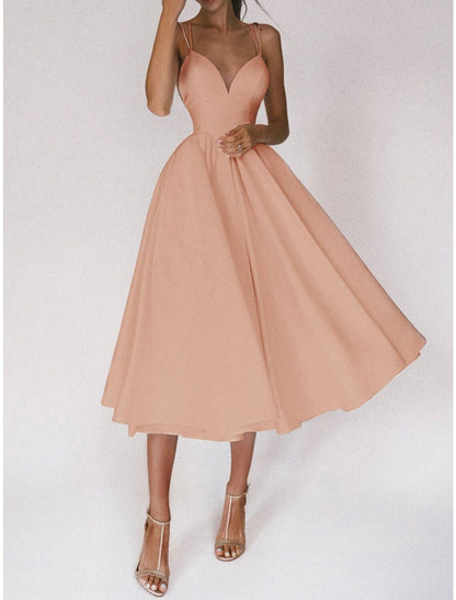 A-Line Homecoming Dresses Open Back Dress Wedding Guest Holiday Tea Length Sleeveless Spaghetti Strap Spandex Backless with Pleats