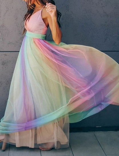 A-Line Prom Dresses Ombre Dress Wedding Guest Prom Floor Length Sleeveless V Neck Tulle Backless with Sash / Ribbon Splicing