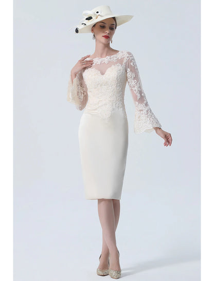 Sheath / Column Mother of the Bride Dress Vintage Plus Size Elegant Jewel Neck Knee Length Satin Lace Long Sleeve with Lace