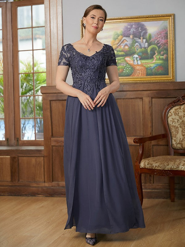 A-Line/Princess Chiffon Applique V-neck Short Sleeves Floor-Length Mother of the Bride Dresses