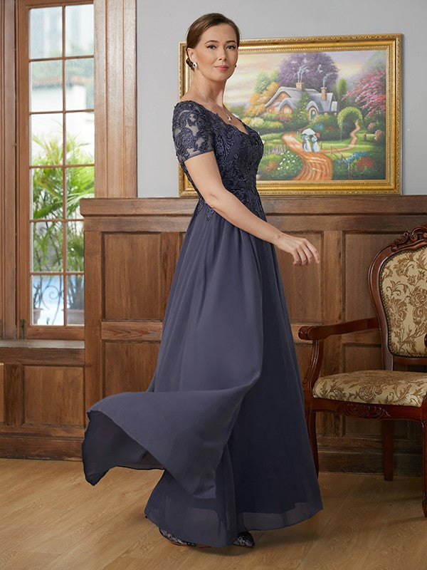 A-Line/Princess Chiffon Applique V-neck Short Sleeves Floor-Length Mother of the Bride Dresses