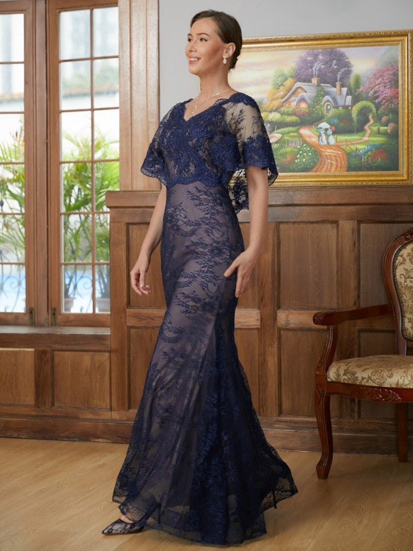 Sheath/Column Silk like Satin Lace V-neck Short Sleeves Floor-Length Mother of the Bride Dresses