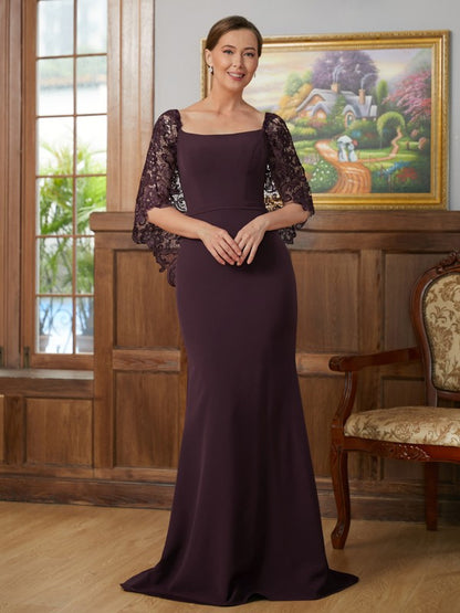 Sheath/Column Stretch Crepe Lace Square 1/2 Sleeves Sweep/Brush Train Mother of the Bride Dresses