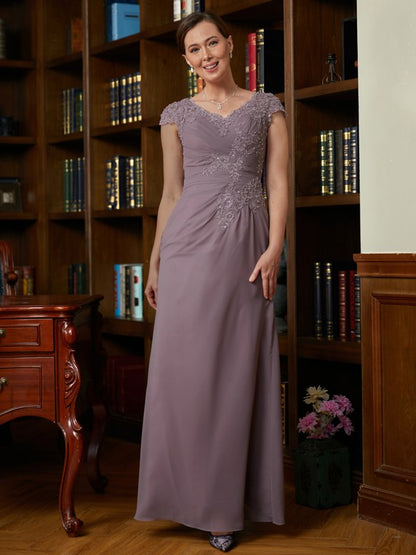 Sheath/Column Chiffon Lace V-neck Short Sleeves Floor-Length Mother of the Bride Dresses