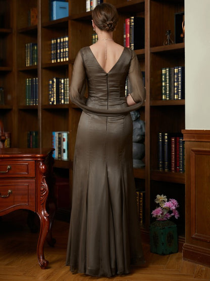 Sheath/Column 30D Chiffon Ruched Scoop Short Sleeves Floor-Length Mother of the Bride Dresses