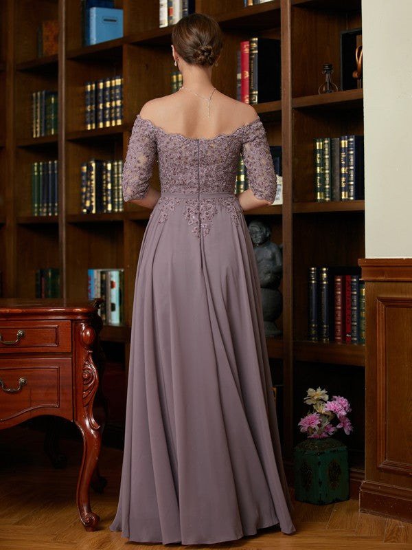 A-Line/Princess Chiffon Applique Off-the-Shoulder 3/4 Sleeves Floor-Length Mother of the Bride Dresses