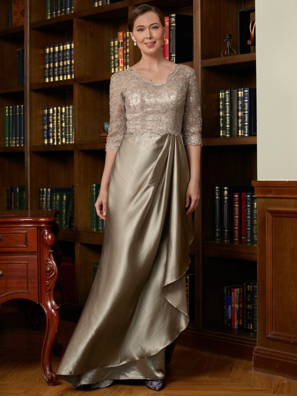 A-Line/Princess Silk Like Satin Lace V-neck 3/4 Sleeves Sweep/Brush Train Mother of the Bride Dresses