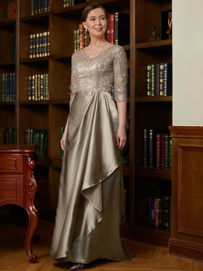 A-Line/Princess Silk Like Satin Lace V-neck 3/4 Sleeves Sweep/Brush Train Mother of the Bride Dresses