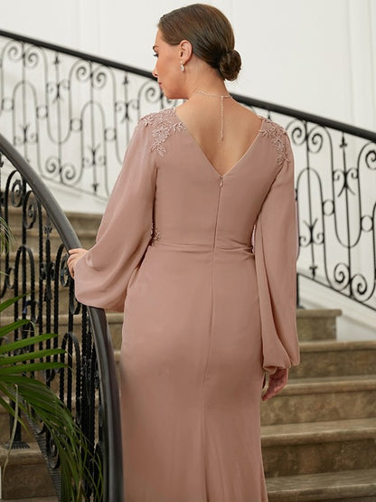 A-Line/Princess Chiffon Applique V-neck Long Sleeves Floor-Length Mother of the Bride Dresses