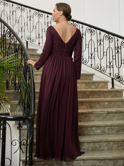 A-Line/Princess Chiffon Ruched V-neck Long Sleeves Floor-Length Mother of the Bride Dresses