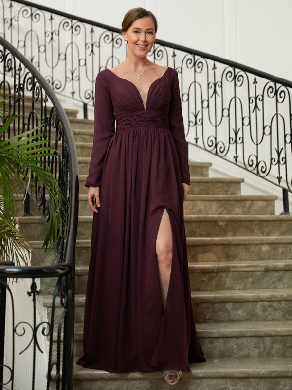 A-Line/Princess Chiffon Ruched V-neck Long Sleeves Floor-Length Mother of the Bride Dresses