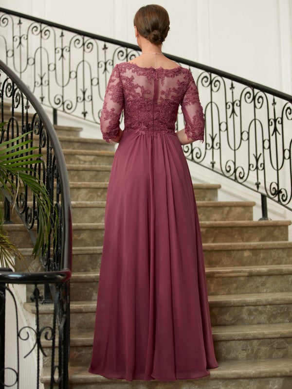 A-Line/Princess Chiffon Lace V-neck 3/4 Sleeves Floor-Length Mother of the Bride Dresses