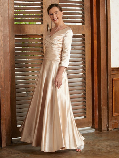 A-Line/Princess  Woven Satin Ruched V-neck 3/4 Sleeves Ankle-Length Mother of the Bride Dresses