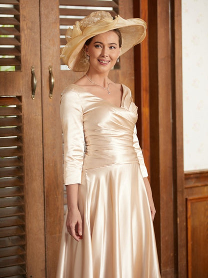 A-Line/Princess  Woven Satin Ruched V-neck 3/4 Sleeves Ankle-Length Mother of the Bride Dresses