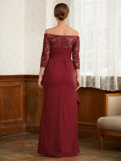 A-Line/Princess Stretch Crepe Lace Off-the-Shoulder 3/4 Sleeves Floor-Length Mother of the Bride Dresses