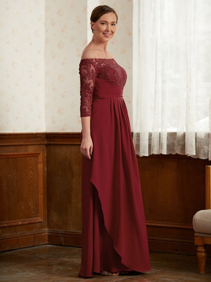 A-Line/Princess Stretch Crepe Lace Off-the-Shoulder 3/4 Sleeves Floor-Length Mother of the Bride Dresses