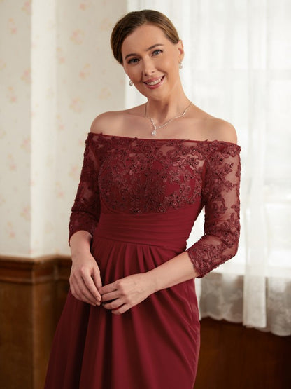 A-Line/Princess Stretch Crepe Lace Off-the-Shoulder 3/4 Sleeves Floor-Length Mother of the Bride Dresses