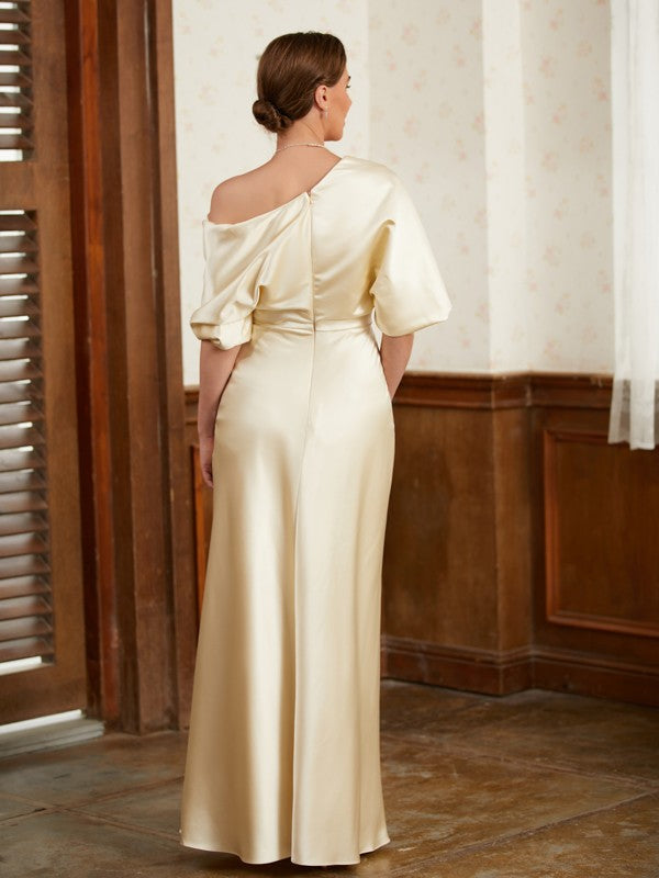 Sheath/Column Charmeuse Ruched Off-the-Shoulder Short Sleeves Floor-Length Mother of the Bride Dresses