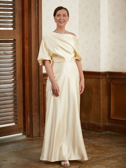 Sheath/Column Charmeuse Ruched Off-the-Shoulder Short Sleeves Floor-Length Mother of the Bride Dresses