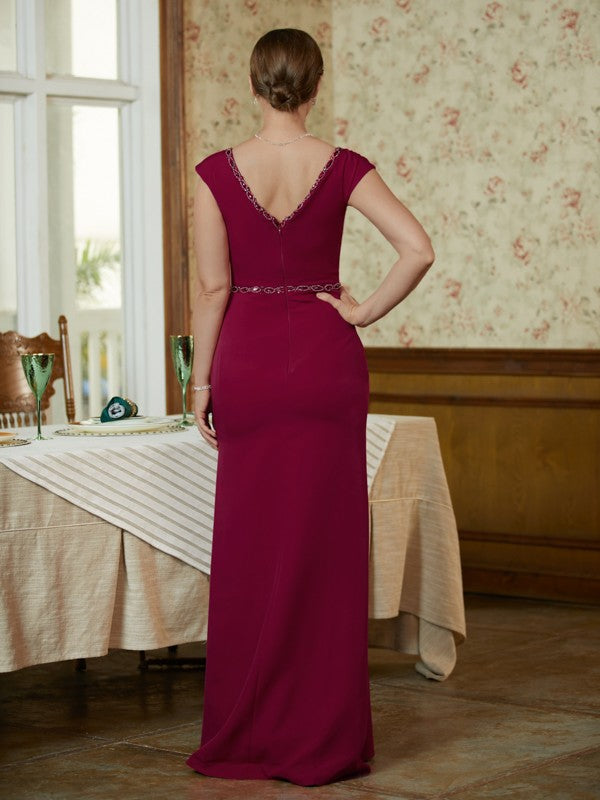 Sheath/Column Stretch Crepe Beading V-neck Sleeveless Floor-Length Mother of the Bride Dresses