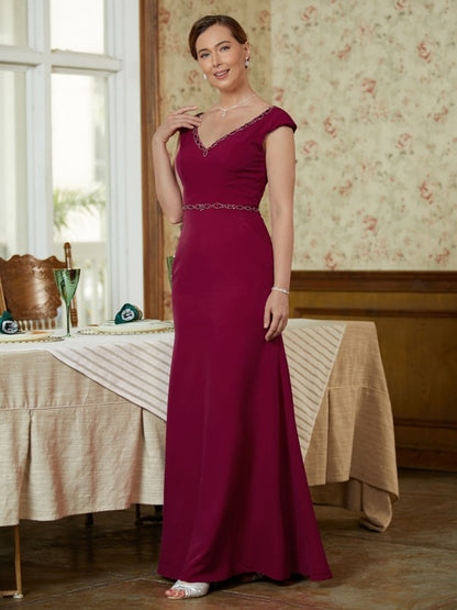 Sheath/Column Stretch Crepe Beading V-neck Sleeveless Floor-Length Mother of the Bride Dresses