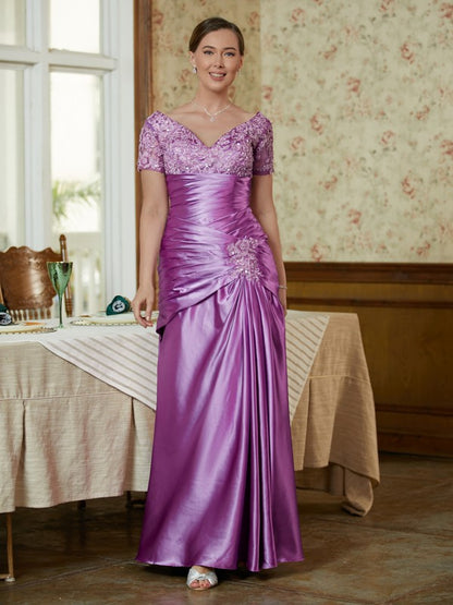 Sheath/Column  Woven Satin Applique V-neck Short Sleeves Floor-Length Mother of the Bride Dresses