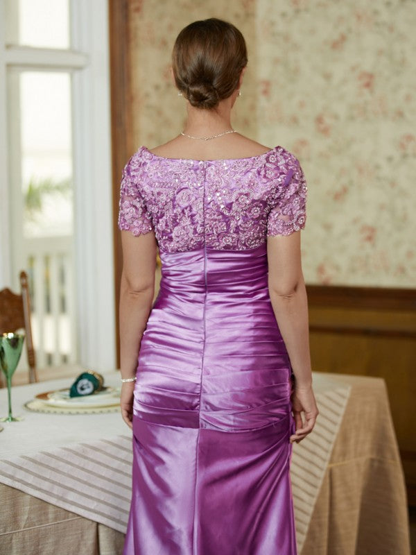 Sheath/Column  Woven Satin Applique V-neck Short Sleeves Floor-Length Mother of the Bride Dresses