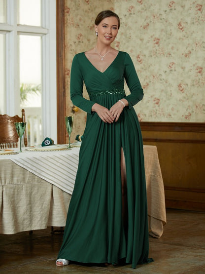 A-Line/Princess Jersey Beading V-neck Long Sleeves Sweep/Brush Train Mother of the Bride Dresses