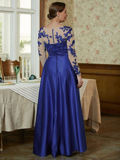 A-Line/Princess Satin Applique V-neck Long Sleeves Floor-Length Mother of the Bride Dresses