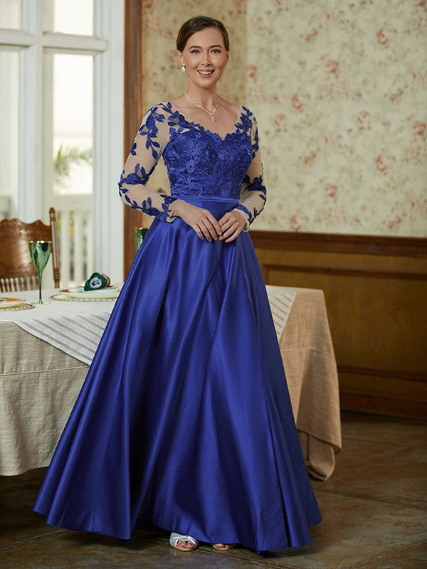 A-Line/Princess Satin Applique V-neck Long Sleeves Floor-Length Mother of the Bride Dresses