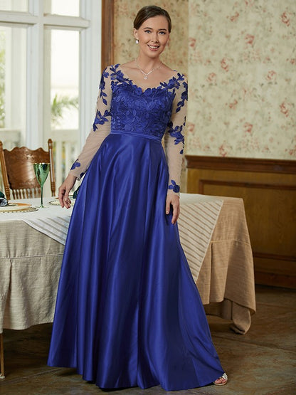 A-Line/Princess Satin Applique V-neck Long Sleeves Floor-Length Mother of the Bride Dresses