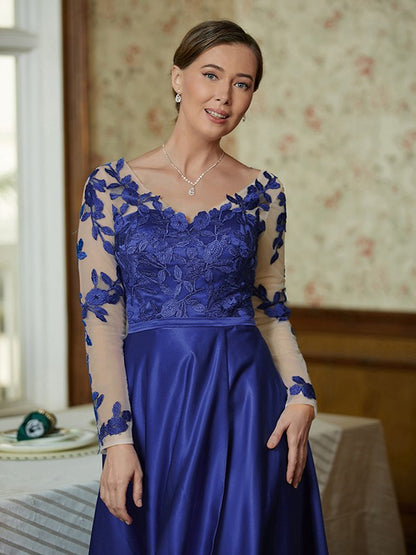 A-Line/Princess Satin Applique V-neck Long Sleeves Floor-Length Mother of the Bride Dresses