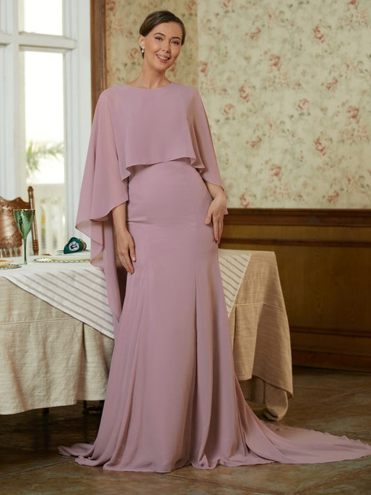 Sheath/Column Chiffon Ruffles Scoop Long Sleeves Sweep/Brush Train Mother of the Bride Dresses