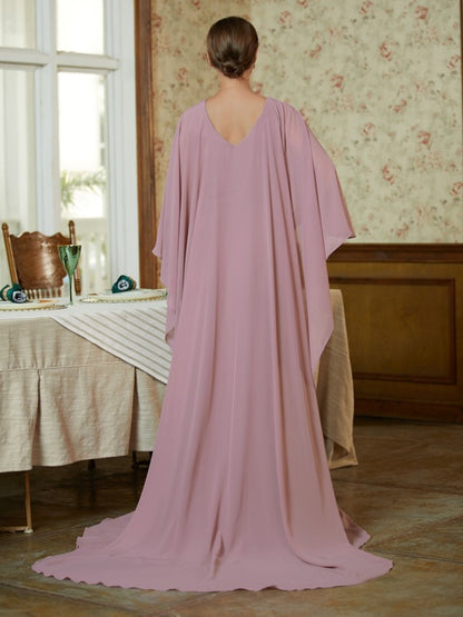 Sheath/Column Chiffon Ruffles Scoop Long Sleeves Sweep/Brush Train Mother of the Bride Dresses