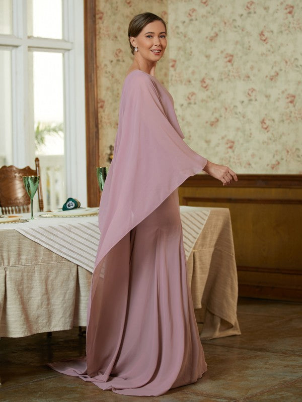 Sheath/Column Chiffon Ruffles Scoop Long Sleeves Sweep/Brush Train Mother of the Bride Dresses