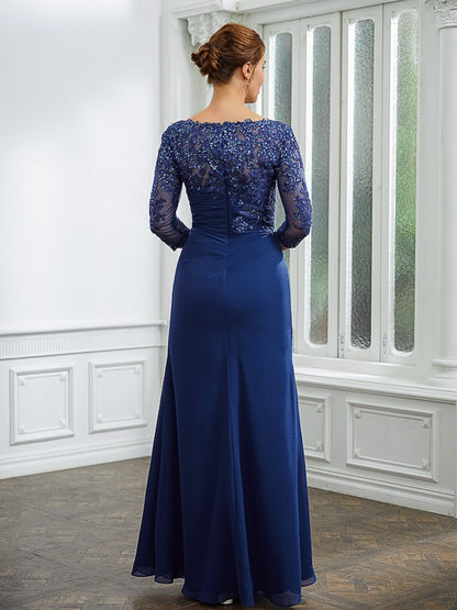 Sheath/Column Chiffon Applique Bateau 3/4 Sleeves Floor-Length Mother of the Bride Dresses