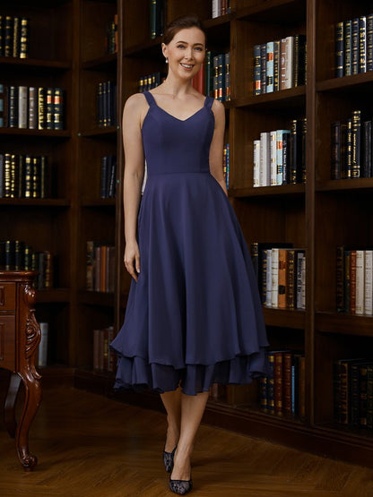 A-Line/Princess Chiffon Ruched V-neck Sleeveless Tea-Length Mother of the Bride Dresses