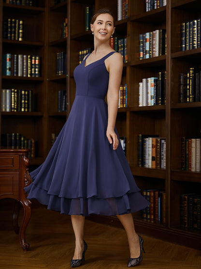 A-Line/Princess Chiffon Ruched V-neck Sleeveless Tea-Length Mother of the Bride Dresses