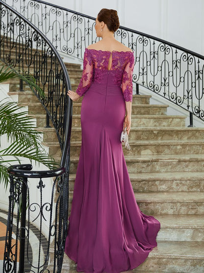 Sheath/Column Chiffon Applique Off-the-Shoulder 3/4 Sleeves Sweep/Brush Train Mother of the Bride Dresses