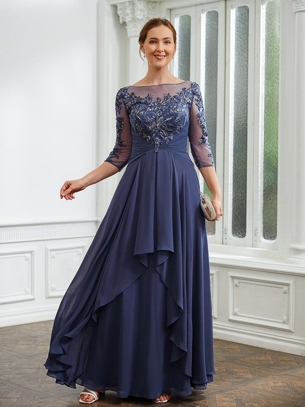 A-Line/Princess Chiffon Applique Bateau 3/4 Sleeves Floor-Length Mother of the Bride Dresses