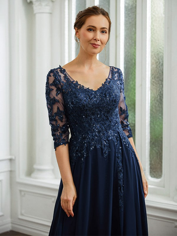 A-Line/Princess Chiffon Applique V-neck 3/4 Sleeves Floor-Length Mother of the Bride Dresses