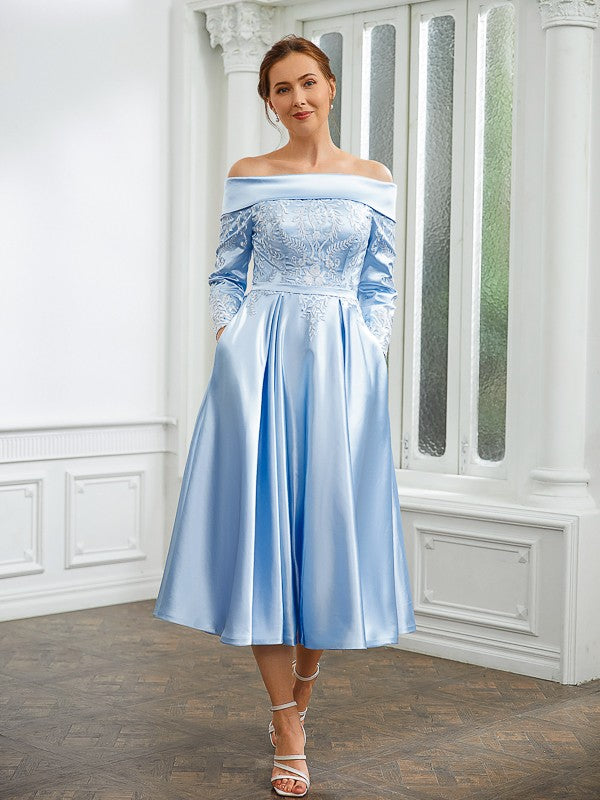 A-Line/Princess  Woven Satin Ruched Off-the-Shoulder Long Sleeves Tea-Length Mother of the Bride Dresses