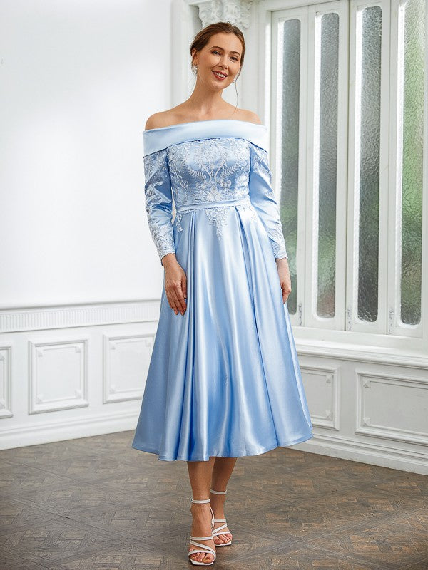 A-Line/Princess  Woven Satin Ruched Off-the-Shoulder Long Sleeves Tea-Length Mother of the Bride Dresses