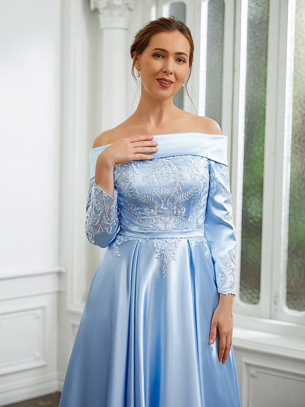 A-Line/Princess  Woven Satin Ruched Off-the-Shoulder Long Sleeves Tea-Length Mother of the Bride Dresses