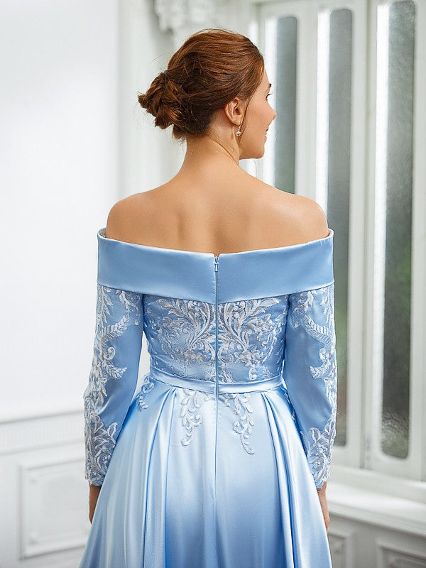 A-Line/Princess  Woven Satin Ruched Off-the-Shoulder Long Sleeves Tea-Length Mother of the Bride Dresses