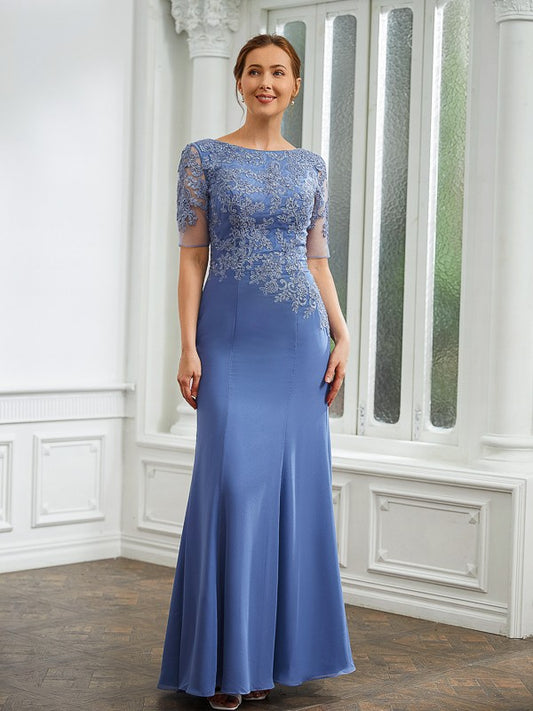 Sheath/Column Chiffon Applique Bateau Short Sleeves Floor-Length Mother of the Bride Dresses