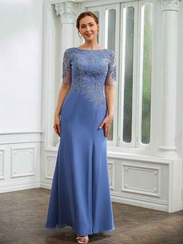 Sheath/Column Chiffon Applique Bateau Short Sleeves Floor-Length Mother of the Bride Dresses