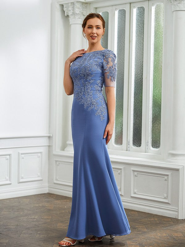 Sheath/Column Chiffon Applique Bateau Short Sleeves Floor-Length Mother of the Bride Dresses