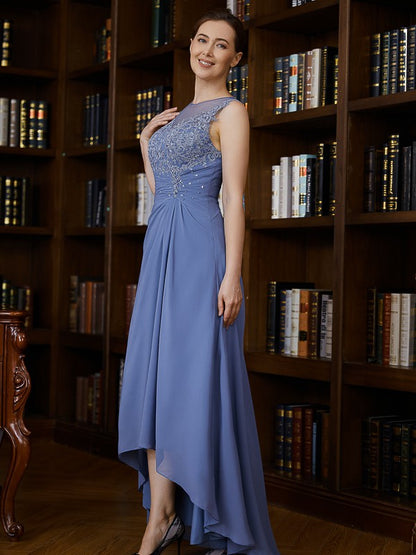 A-Line/Princess Chiffon Applique Scoop Sleeveless Asymmetrical Mother of the Bride Dresses